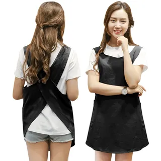 Verkurztes Design Schurze, Japanischer Stil weiche Baumwoll Leinen Schürze mit zwei Seitentaschen, X-Kreuzgurt-Schurze, Kuchenkochscheibe, Geeignet fur Frauen, Handwerk,Kochen,Backen,Kaffee(Schwarz) - S - Gebogene Kante