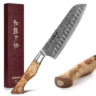 HEZHEN Damast Santoku Messer, Asiatisches Küchenmesser Japanischer Stil, Figaro Bergahorn Holzgriff