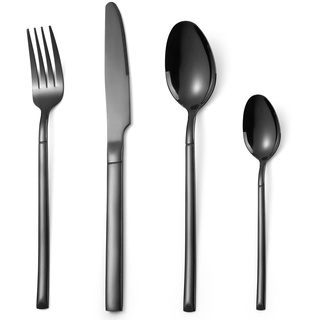 OriGlam Silbergeschirr Set, Edelstahl Flatware Besteck Set, Essgeschirr Geschirr beinhaltet Gabelmesser Löffel, Spülmaschinenfest (schwarz)