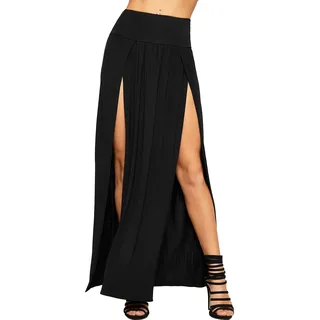 WearAll Damen Double Split Maxi Lange Rock Damen Nur Zwei Grundlegende Seite Schlitz - Schwarz - 36-38 - 36-38