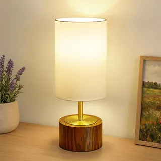 GyroVu Nachttischlampe, Modern Tischlampe mit Kabelschalter | Holzoptik Sockel & weißem Stoffschirm, E27 Fassung, Kleine Tischleuchte für Schlafzimmer, Wohnzimmer, Büro(ohne Leuchtmittel)