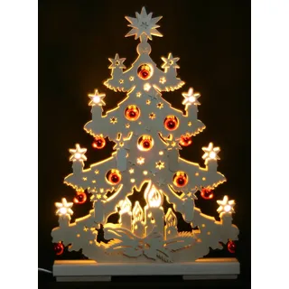 3D Schwibbogen LED Tanne mit roten Kugeln, 44cm x 32cm, Handarbeit aus dem Erzgebirge