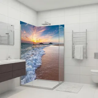 Dedeco 2x Premium Bad Duschrückwand mit Motiv: Strand V5, 100x210cm, wasserfest, hochwertig fugenlose Wandverkleidung aus 3mm-Alu-Verbundplatte, Fliesenersatz ohne Bohren, Made in Germany