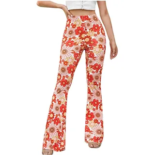 Hose Damen Boho Strandhose Hippie Blumen Schlaghose Weites Bein Palazzo Sommerhose Elegant High Waist Bootcut Freizeithose Schön Blumen Druck Caprihose Elastische Taille Yogahose M rot