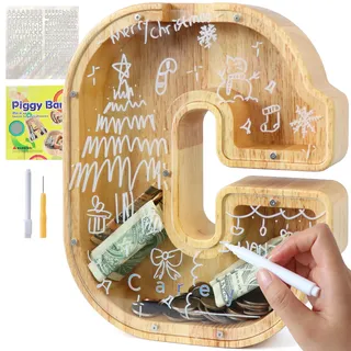 Lakpopya Spardose Kinder Jungen, Personalisiert Holz A-Z Sparschwein | Durchsichtig Buchstabe A-Z Sparbüchse für Kinder Mädchen Erwachsene mit Aufklebern und Filzstift, Taufe Geschenk Dekoration