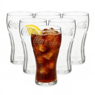 Van Well Coca-Cola Konturglas 6er Set – 0,30 l Gläser geeicht mit geprägtem Schriftzug – Spülmaschinengeeignet – Klassisches Softdrinkglas im Retro-Design