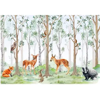 WallArena - Vlies Fototapete Kinderzimmer 312x219 cm Wald Tiere Mädchen Kinder Bäume Skandinavisch Babyzimmer - Fototapeten Tapeten für Kinder Kindertapete - Vliestapete Wandtapete Tapete 3D Effekt