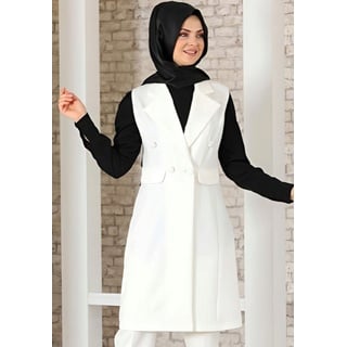 fashionshowcase Longtunika Damen Weste mit Knopfdetail und Kragen Lange Tunika-Weste Hijab Mode blickdicht, mit Kreppstoff weiß M