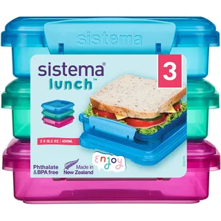 Sistema Brotdose Sandwichbox | 450 ml | stapelbare und luftdichte Lunchbox mit Deckel | für Kinder & Erwachsene| BPA-frei | gemischte Farben | 3 Stück