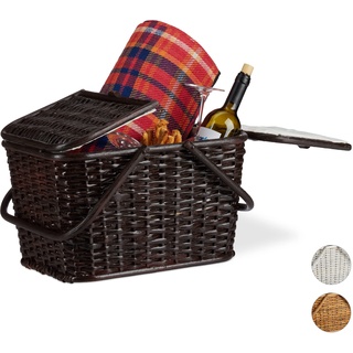 Relaxdays Picknickkorb mit Deckel, geflochten, Stoffbezug, Henkel, großer Tragekorb, handgefertigt, Rattan, Schokobraun