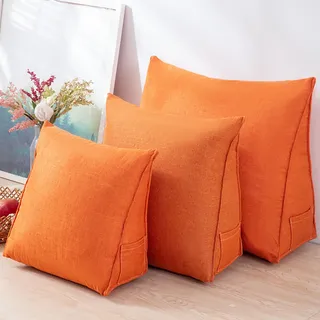 Generisch Rückenkissen 40cm/47cm/60cm Ergonomisches Keilkissen für Bett/Sofa, Lendenkissen, Dreieckiges Lesekissen Strandkissen mit abnehmbarem waschbarem Bezug, Seitenfach,Orange,60x50x20cm