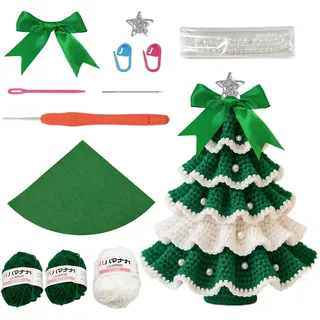 Häkel-Weihnachtsbaum-Set, DIY Crochet Christmas Tree Kit Makramee Bastel Wolle Handgefertigtes Weihnachtsdekoration Baumschleifen-Perlenverzierung mit Garnhaken-Anleitung für Urlaub Home Dekor (B)