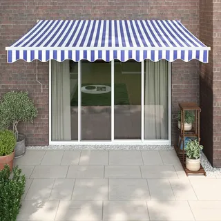 IKAYAA Elektrische markise 350x250 Elektrische Gelenkarmmarkise Markise mit Fernbedienung und Kurbel Sonnenmarkise Sonnenschutz-Blau und Weiß-350 x 250 cm