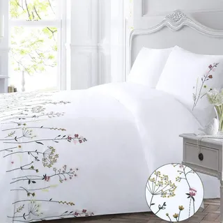Bettbezug-Set mit weißen Blumen und rosa Blumen, 100 % elegante Wildblumen-Stickerei, hübsches botanisches französisches Landhausstil, Landhaus, 3-teiliges Bettwäsche-Set mit Reißverschluss
