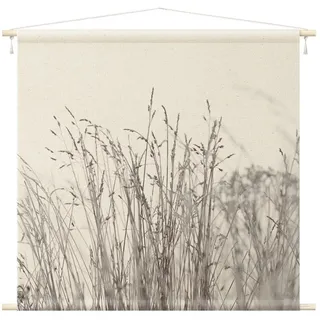 Bilderdepot24 Wandteppich modern Landhaus Gräser beige, quadratisch, Höhe: 2.6 mm, großes Wandbild aus Natur-Baumwolle Wandbehang Stoffbild Tuch Wollseil beige quadratisch | 145 cm x 145 cm x 2.6 mm