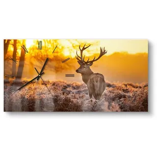 DEQORI Wanduhr 'Hirsch am Wintermorgen' (Glas Glasuhr modern Wand Uhr Design Küchenuhr) braun|orange 60 cm x 30 cm