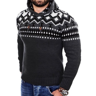 Reslad Strickpullover Reslad Herren Grobstrick Pullover Norweger Winter Kapuzenpullover (1-tlg) Strickpullover Männer Norwegermuster mit Kapuze grau XXXL
