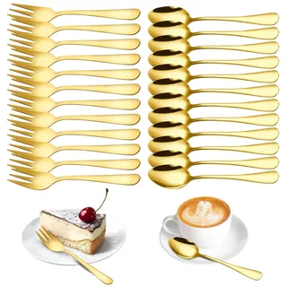 Tutamaz Kaffeelöffel Gold und Kleine Gabeln Gold, Kaffeelöffel und Kuchengabeln Set 24 Stück, Kleine Löffel und Gabeln Set für Hochzeit, Geburtstag, Weihnachten, Spülmaschinenfest