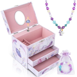 Homtibrm Musikalisches Schmuckkästchen für Mädchen – Große Kinder-Schmuck-Spieluhr mit 2 ausziehbaren Schubladen (rosa Ballerina)