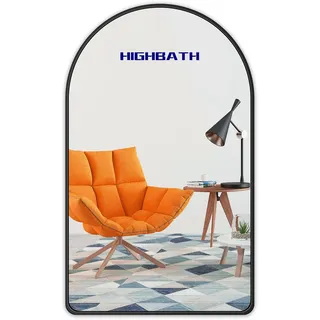 HIGHBATH 60 x 80 cm großer gewölbter Spiegel schwarz gebürsteter Rahmen Wandspiegel Metallrahmen HD Glas Wandspiegel für Make-up Badezimmer Wohnzimmer
