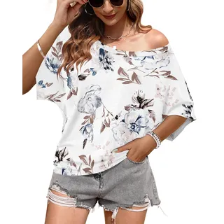 WNEEDU Schulterfreies Oberteil Damen Sommer Fledermaus T Shirt Longshirt | Off shoulder top, lässig basic locker Rundhals shirt - S