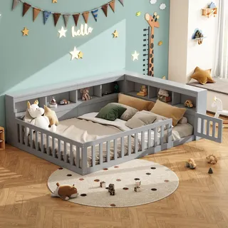FAVSH Bodenbett 140x190 cm, Tagesbett & Schlafsofa mit Stauraum, Seitenschublade und USB-Anschlüssen, Bettgestell aus Spanplatte mit Lattenrost, ohne Matratze, Grau