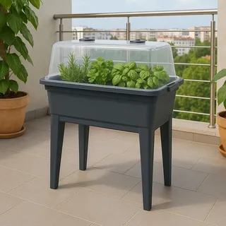 Balkon Hochbeet + Deckel Gewächshaus Frühbeet Kräuterbeet Treibhaus Pflanzkasten - Grau
