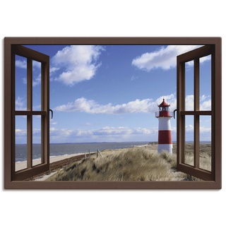 Artland Leinwandbild Wandbild Bild auf Leinwand 100x70 cm Wanddeko Fensterblick Fenster Strand Meer Maritim Düne Leuchtturm Sylt Nordsee T5SC
