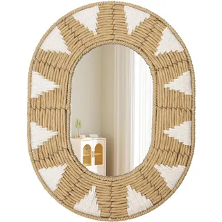 Oval Wall Mirrors Rattan Wandspiegel Moderner Boho Dekospiegel mit Metallhaken Boho Deko Wanddeko Flurspiegel Wandbehang Dekorativer Spiegel für Badezimmer, Eingang, Wohnzimmer, Schlafzimmer