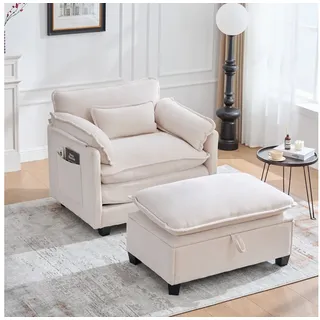 BlingBin Relaxsessel Loungesessel Polsterstuhl Sessel mit Fußstütze (1er Set, 1-St., Relaxsessel mit Hocker, 103x85x91cm), Samt-Loungesessel mit Seitentaschen und Kissen, für Wohnzimmer beige