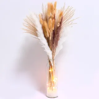 60 Stück Pampasgras Getrocknet mit Vasen und LED Lichtern, Bunny-Tails-Trockenblumen,Weißes、Braunes Pampasgras Pampasgrasdekoration Trockenblumen für Hochzeiten Wohnzimmer Boho Tischdeko (Kreisformig)