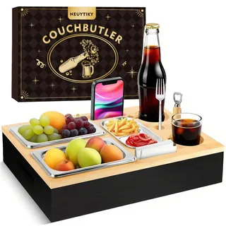 Neuytiky Couchbar Snackbox, Couch Bar mit Geschenkbox, Sofa Tablett, Mit Snackschalen Aus Edelstahl, Getränkehalter Flaschenhalter für Wohnzimmer Schlafzimmer Garten Camping