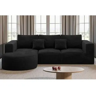 Ecksofa Schlaffunktion Cordstoff L Form 3 Links-Chaiselongue Schwarz