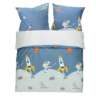 KEAYOO Kinderbettwäsche YZTX, Baumwolle, 2 teilig, Astronaut und Rakete Muster 100% Baumwolle für Kinder grau