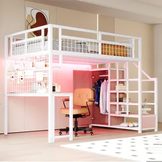 Merax Hochbett 140 x 200 cm aus Metall, mit Schrank und Schreibtisch, multifunktionales Kinderbett mit Aufbewahrungsleiter, Weiß (ohne Matratze)