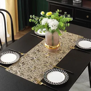 Hosoncovy Hohl Tischläufer Anti-Rutsch Dekorative PVC Tischmatten Tischset Schützende hitzebeständige Matten für Home Party Küche Essen Hochzeit Dekor (91CM X 33CM) (Gold)