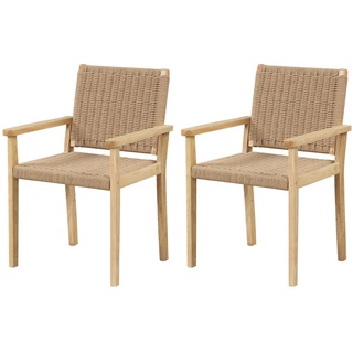 COSTWAY 2er Set Gartenstühle Holz, Esszimmerstühle mit Seilgeflecht & Rückenlehne & Armlehne, Terrassenstuhl Holzstuhl bis zu 180 kg belastbar, ...