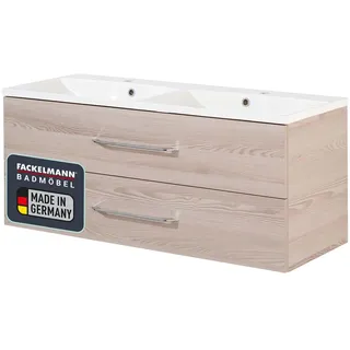 FACKELMANN Waschtischunterschrank inkl. Doppel-Gussbecken B.CLEVER/Soft-Close-System/Maße (B x H x T): ca. 120 x 48,5 x 46 cm/Möbel fürs WC oder Badezimmer/Schrank: Braun hell/Becken: Weiß