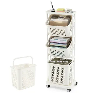 COSTWAY Wäschekorb Ständer, 72L Wäschesammler schmal 30cm breit, großer Korb mit Griff & 2 kleine Körbe mit kippbarem Design, Wäschesortierer Plastik, Rollwagen 3 Fächer, Metallrahmen, beige