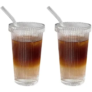 UMMEI Gläser 375ml Trinkgläser mit Deckel und Strohhalm, Kaffeegläser Dessertgläser Teeglas Ripple Kaffeebecher Saftgläser Geriffelt Gläser für Latte, Tee, EIS,Clear