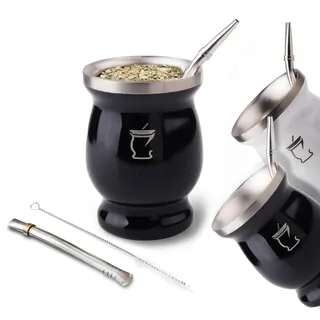 Yerba Mate Set Tasse - Mate mit zwei Bombillas und einem Bombilla-Reiniger zum Trinken von reinem Yerba Mate und Tee