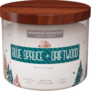 Candle Lite Essential Elements Duftkerze im Glas | Blue Spruce & Driftwood | Duftkerze Zedernholz | 3 Docht Kerze | Kerzen lange Brenndauer (45h) | Große Kerze (418g)