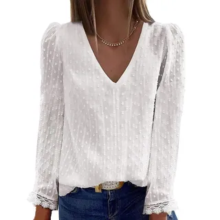DeaAmyGline Spitzen Oberteile Damen Langarm - Bluse Elegant T Shirt V Ausschnitt mit Spitze Weiss Punkte Chiffon Langarmshirt Sexy Locker Lässig Tunika Blusenshirt Top Blusen & Tuniken für Frauen