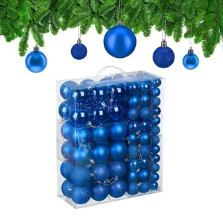 Relaxdays Weihnachtskugeln 138er Set, Kunststoff, glitzernde, Matte, glänzende Baumkugeln, Christbaumschmuck, blau