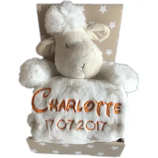 KIDDI-MEDIA Babydecke mit Name & Geburtsdatum Bestickt inkl. Plüsch Stofftier - Geschenk Taufe Geburt/CE-Zertifizierung (Beige/Weiss - Schaf)