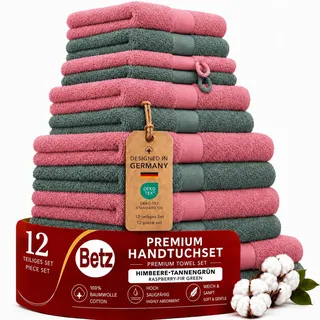 Betz Premium Handtuch-Set 12-teilig – 100% Baumwolle – Oeko-TEX® Zertifiziert – 470 g/m2 – 2 Duschtücher, 4 Handtücher, 2 Gästetücher, 2 Seiftücher & 2 Waschhandschuhe - Farbe Himbeere/tannengrün