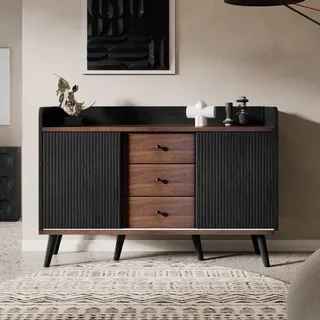 BTM Sideboard, 2 Gestreifte Schiebetüren & 3 Schubladen & Verstellbaren Regalen & Erhöhter Rand & 6 Massivholzbeine, Kommode Schrank Wohnzimmer Schlafzimmer Esszimmer Flur, 120 x40x80cm, Holz
