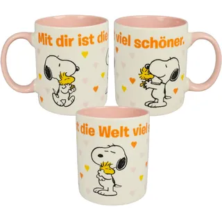 The Peanuts Snoopy Tasse - Mit dir ist die Welt viel schöner Kaffeetasse Becher Kaffeebecher aus Keramik Weiß/Rosa 320 ml