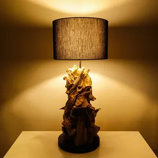 AquaOne Lampe Natur I Holzlampe Stehlampe Tischlampe Naturholz Rustikal I Holz Möbel Deko Stehleuchte I Handarbeit mit Unikat Wurzel I Lampenschirm in schwarz (Tokio)