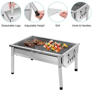SunJas Holzkohlegrill Edelstahl grill holzkohle BBQ grill Grillfläche:40x 27cm, Tischgrills Picknick grill Campinggrill Geeignet für 1–3 Personen